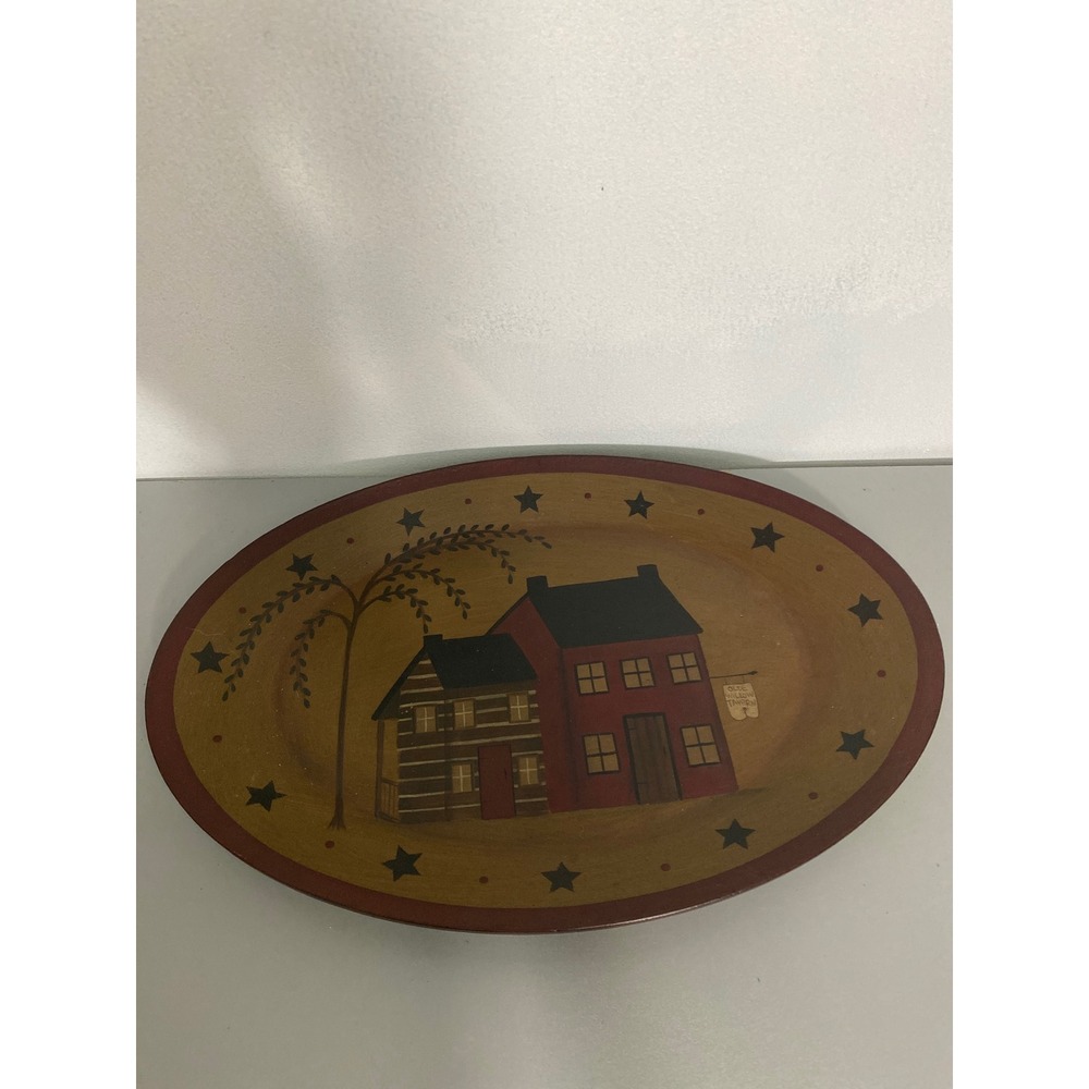 Donna White Oval Decorative Plate‎ Folk Art Americana Village Scene Stars
